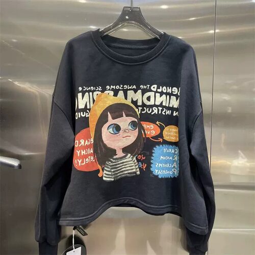 胖mm特大码300斤美式复古字母卡通印花卫衣女春秋款宽松套头上衣