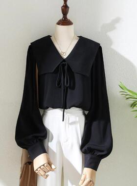 胖mm特大码300斤系带蝴蝶结黑色衬衫女春秋款宽松休闲灯笼袖衬衣