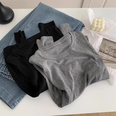 胖mm特大码300斤莱赛尔天丝面膜原路长袖T恤女春秋纯色内搭打底衫