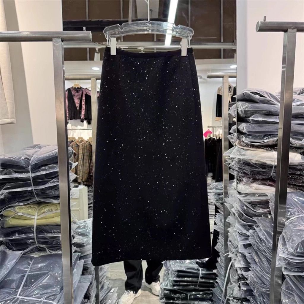 胖mm特大码300斤松紧腰后开叉小香风亮片包臀裙女春秋高腰半身裙