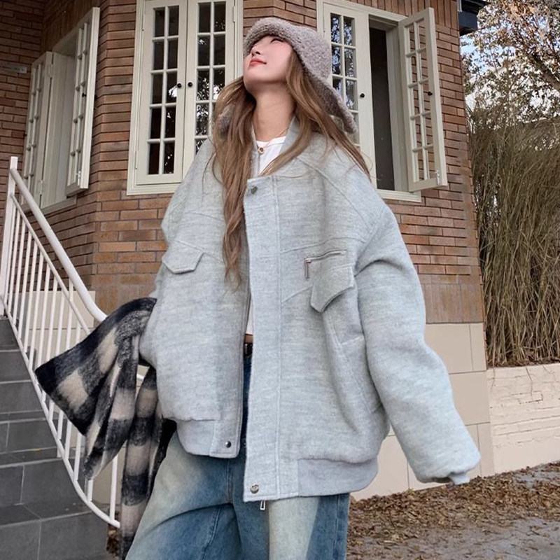 胖mm特大码300斤美式复古毛呢棒球服外套女秋冬加厚宽松开衫夹克