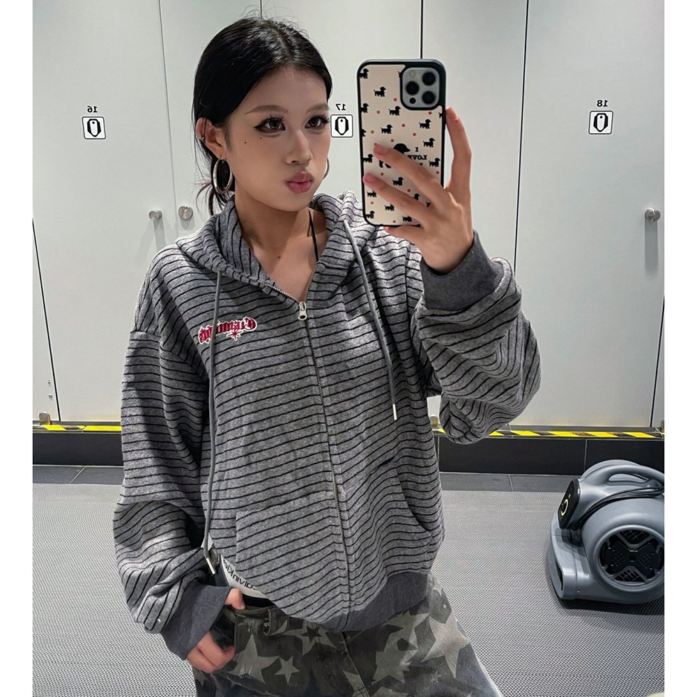 胖mm特大码300斤美式复古条纹连帽开衫卫衣加绒外套女秋冬季帽衫