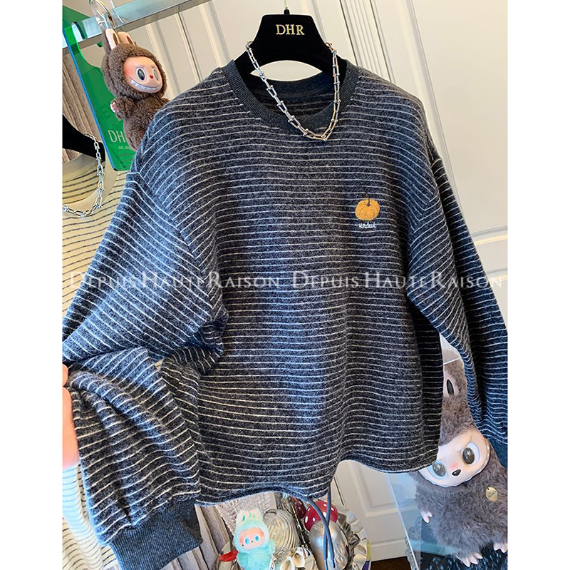 胖mm特大码300斤刺绣南瓜条纹长袖卫衣女春秋打底衫韩版宽松上衣