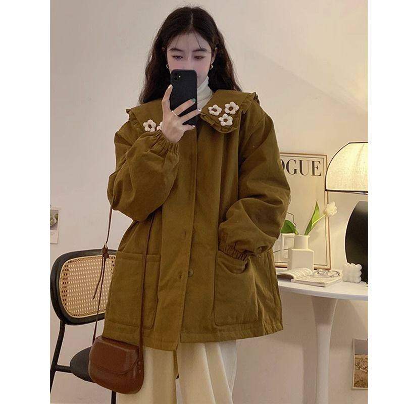 胖mm大码300斤韩系娃娃领棉服外套女秋冬复古宽松设计感厚款棉衣