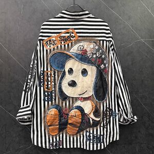 胖mm特大码300斤重工卡通史努比条纹长袖衬衫女春夏休闲防晒衬衣