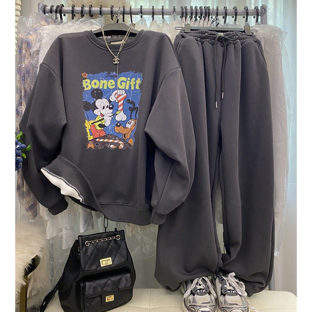 胖mm特大码300斤卡通印花休闲运动套装女秋冬加绒卫衣卫裤两件套