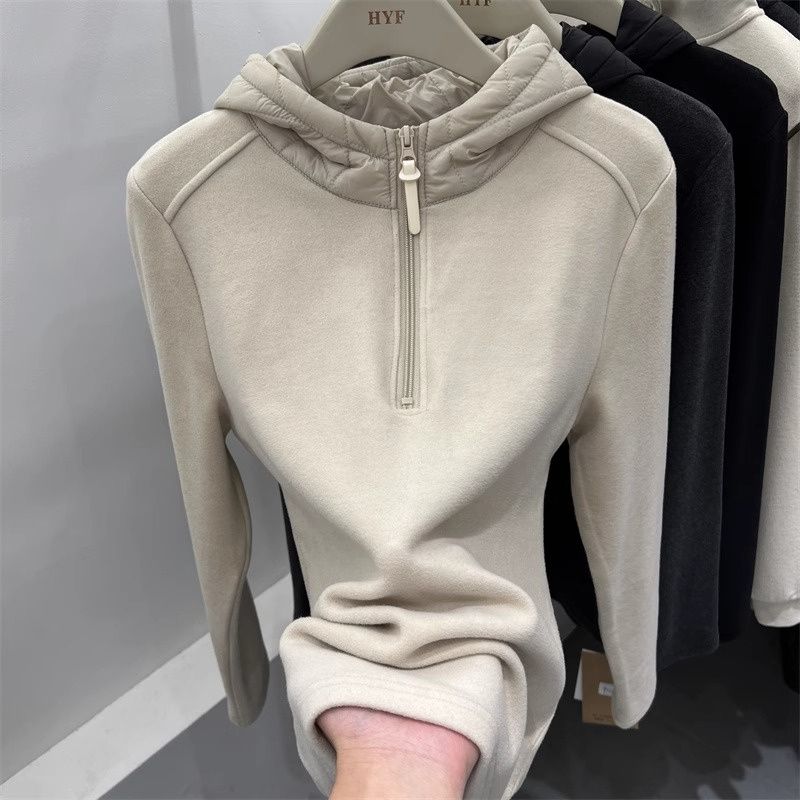 胖mm特大码300斤夹棉连帽半拉链拼接德绒女秋冬打底休闲保暖卫衣