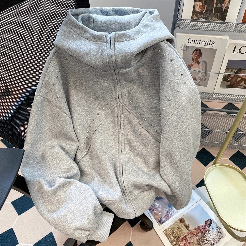 胖mm大码230斤美式杜宾犬高街连帽卫衣女春秋设计感铆钉外套上衣