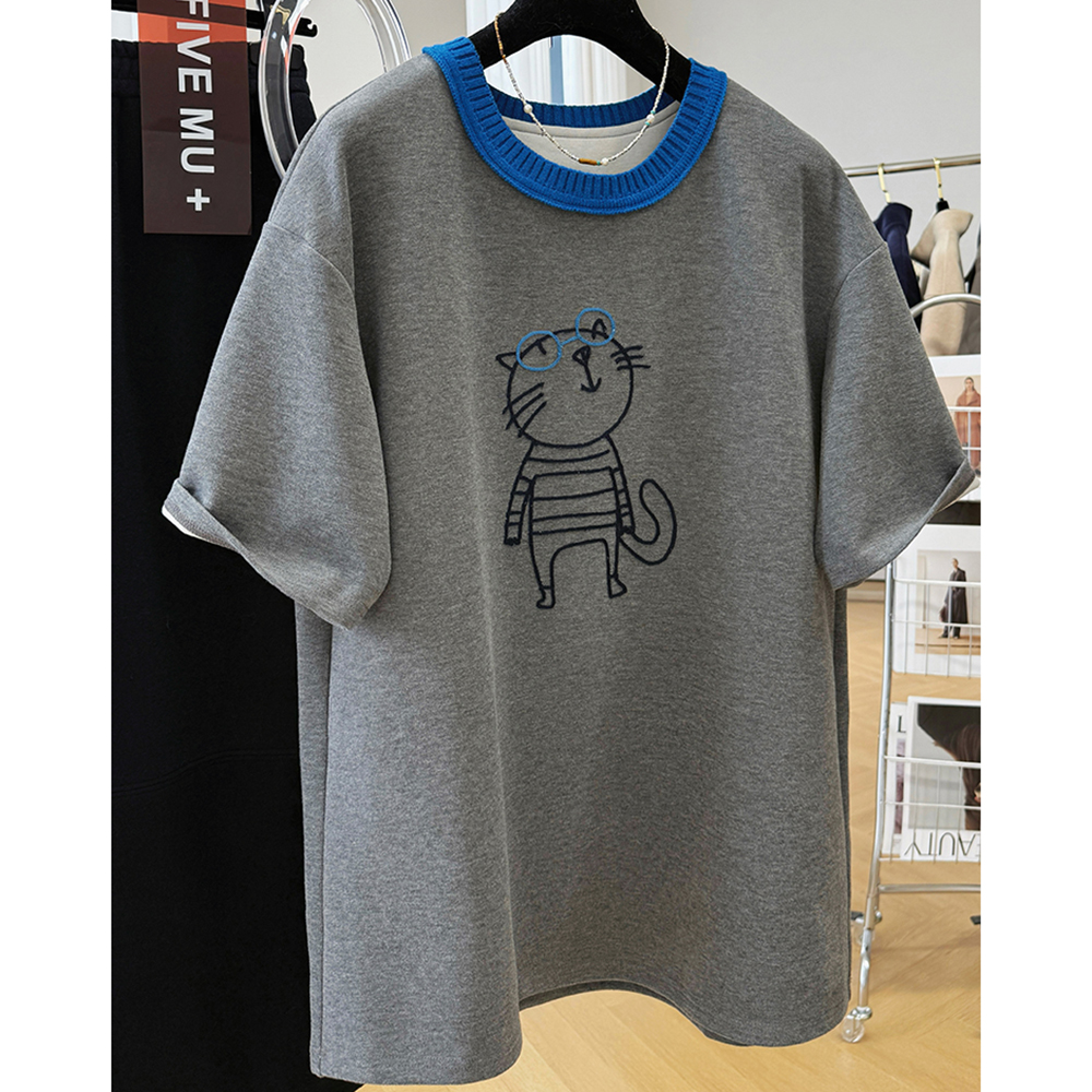 胖mm特大码2-300斤撞色领卡通刺绣磨毛德绒短袖T恤女秋冬保暖内搭