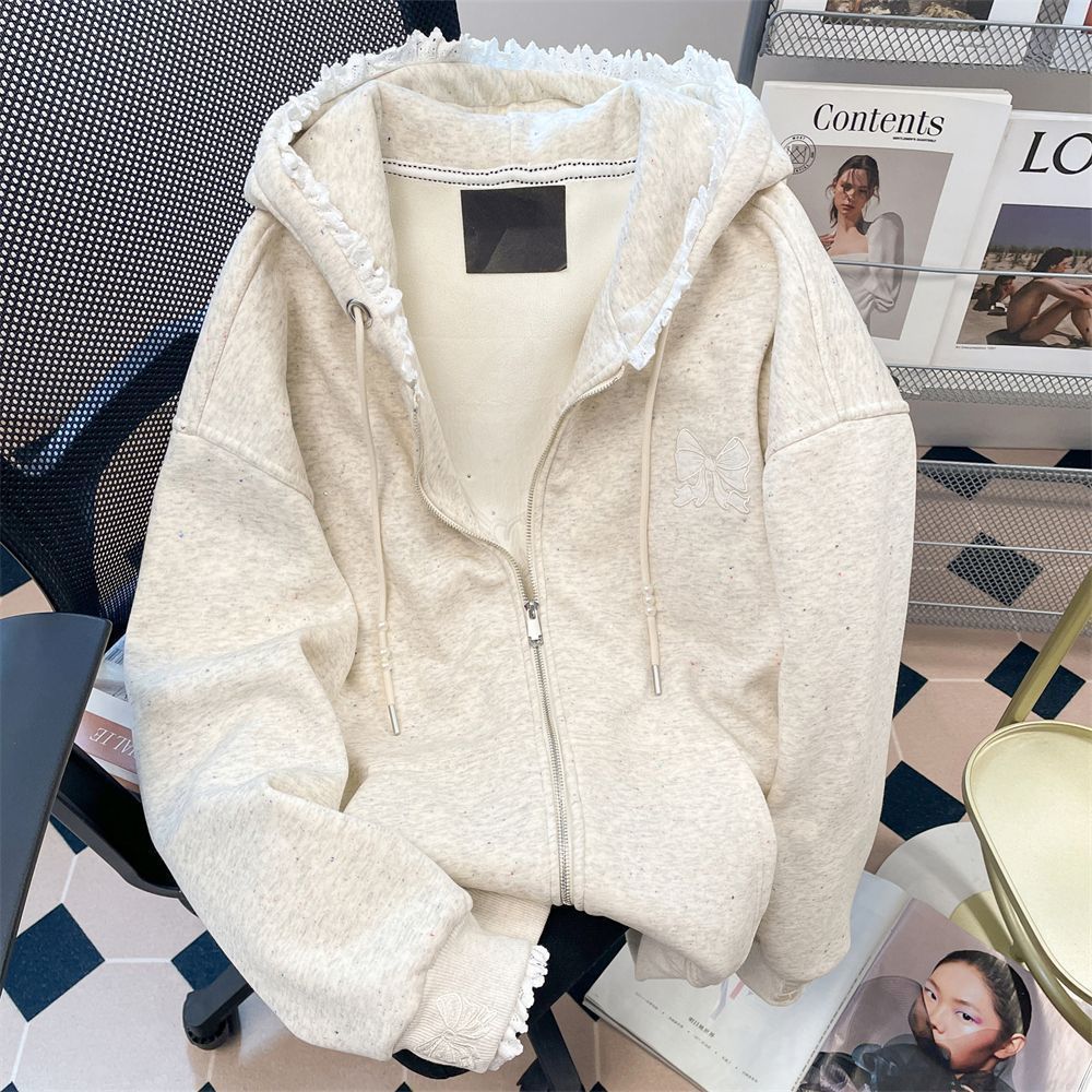 胖mm特大码300斤蝴蝶结刺绣蕾丝拼接卫衣女秋冬加绒厚款连帽外套