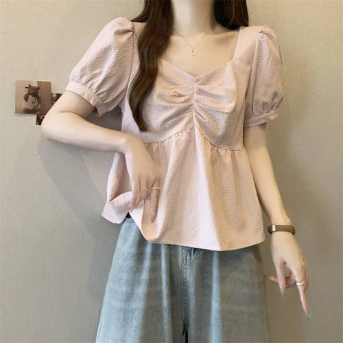 胖mm特大码300斤泡泡袖短袖衬衫女夏宽松显瘦甜美减龄娃娃衫上衣