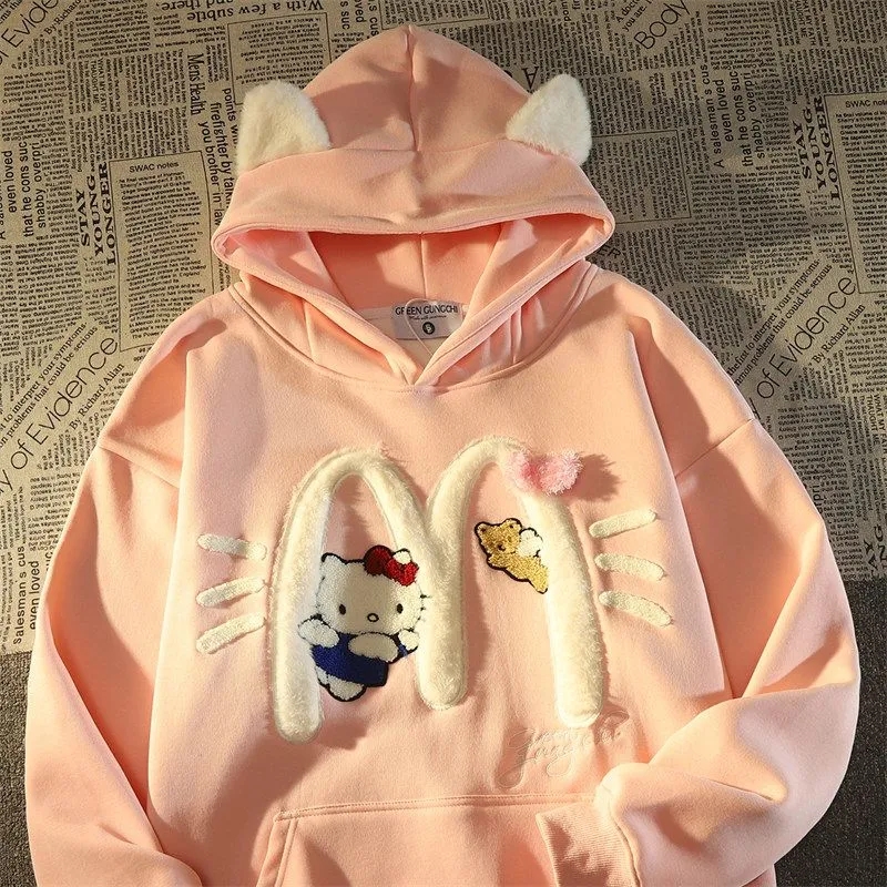 胖mm特大码300斤学院风可爱kitty猫耳朵连帽卫衣女秋冬加绒厚外套