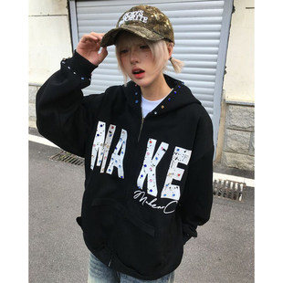 胖mm特大码 街头连帽卫衣女春秋字母印花设计感拉链外套 300斤美式
