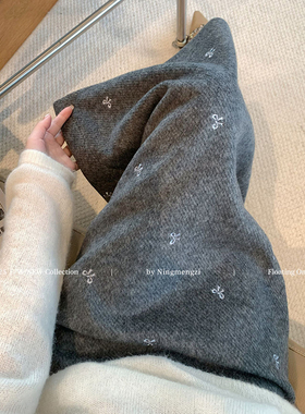 胖mm特大码300斤灰色蝴蝶结刺绣毛呢半身裙女秋冬宽松慵懒A字裙子