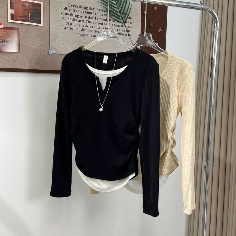 胖mm大码180斤长袖T恤女春秋季短款修身假两件百搭休闲打底衫上衣