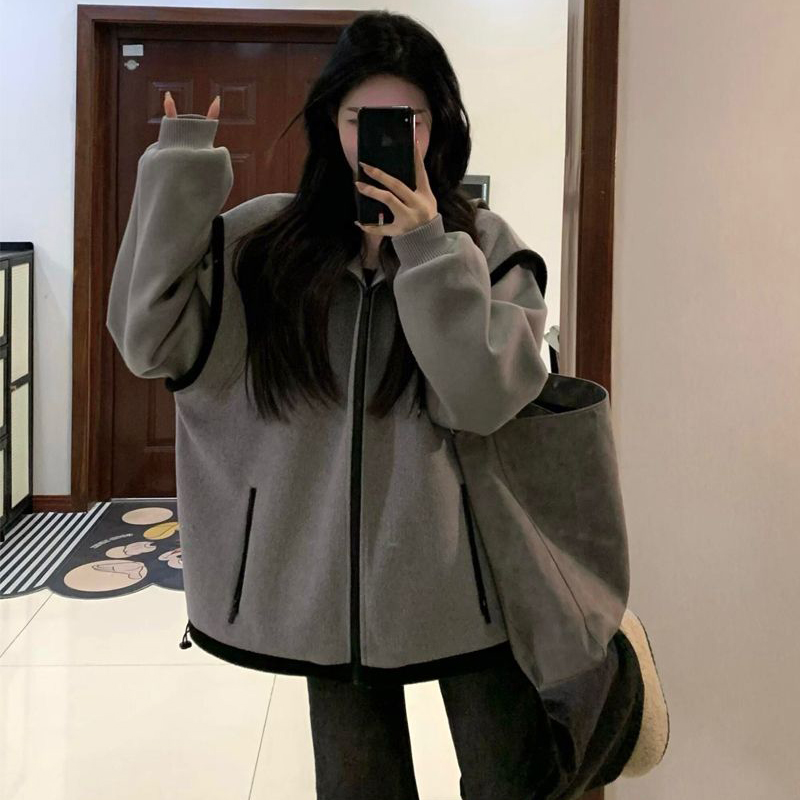 胖mm特大码2-300斤美式休闲卫衣外套女秋冬宽松加绒撞色拼接夹克