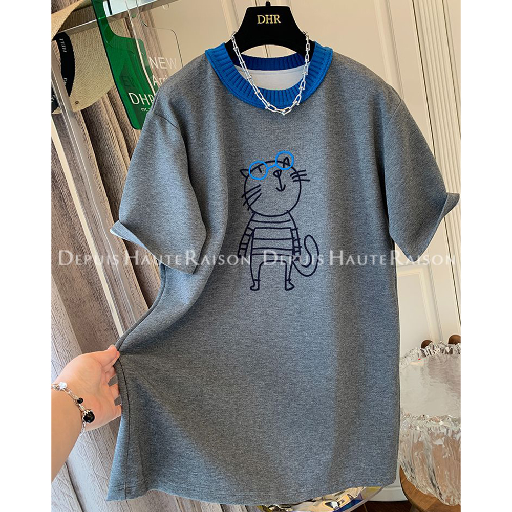 胖mm特大码2-300斤撞色领卡通刺绣磨毛德绒短袖T恤女秋冬保暖内搭