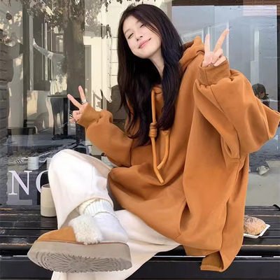 胖mm特大码300斤加绒厚款侧开叉抽绳连帽卫衣女秋冬宽松长袖上衣