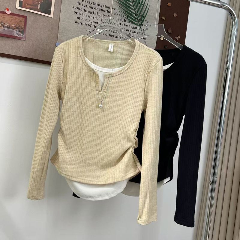 胖mm大码180斤长袖T恤女春秋季短款修身假两件百搭休闲打底衫上衣