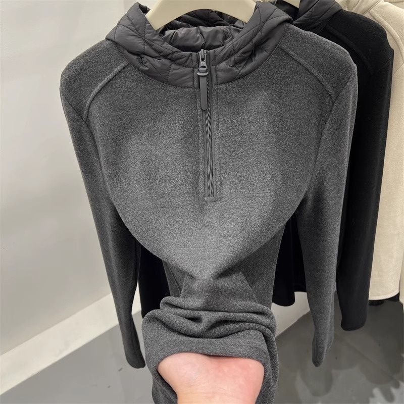 胖mm特大码300斤夹棉连帽半拉链拼接德绒女秋冬打底休闲保暖卫衣