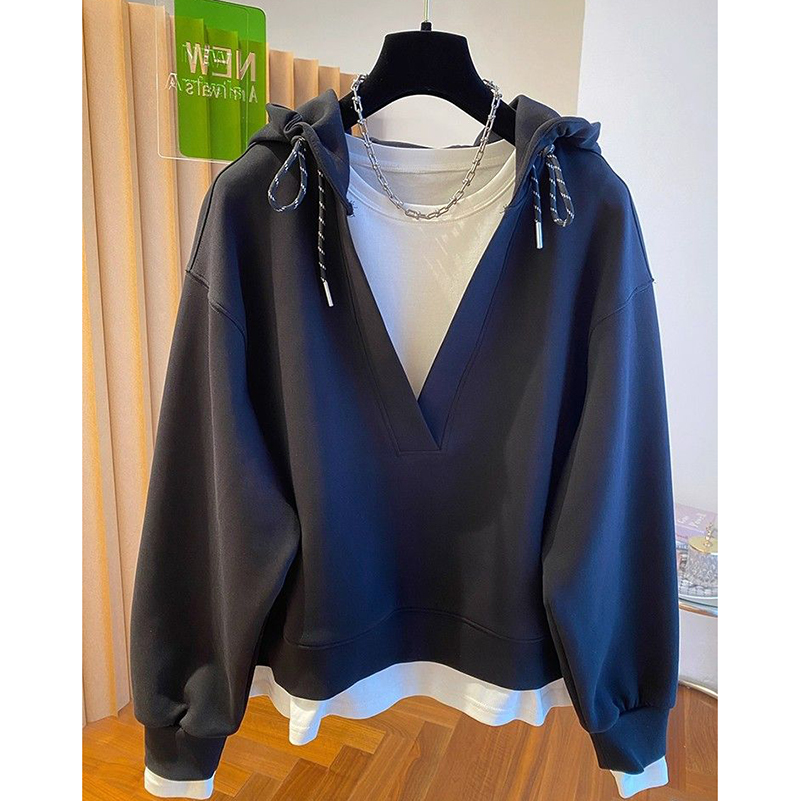 胖mm特大码300斤假两件连帽卫衣女春秋薄款长袖套头宽松拼接上衣