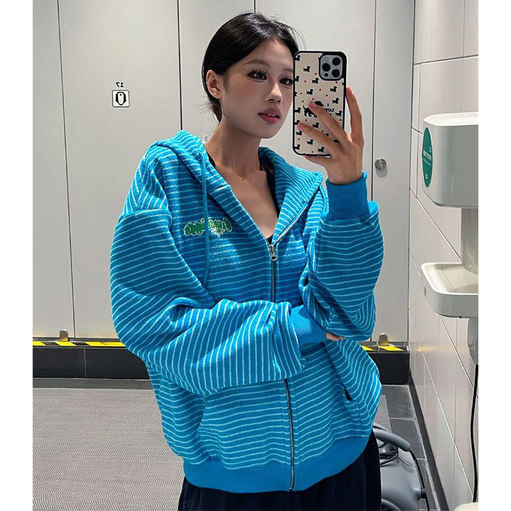 胖mm特大码300斤美式复古条纹连帽开衫卫衣加绒外套女秋冬季帽衫