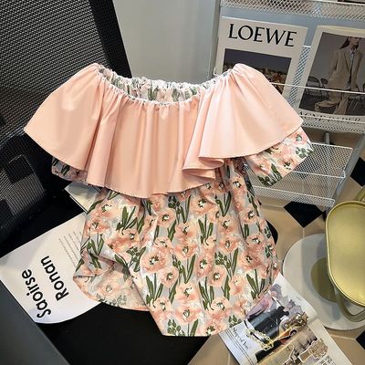 胖mm特大码300斤一字领露肩碎花衬衫女夏宽松小众上衣荷叶边衬衣