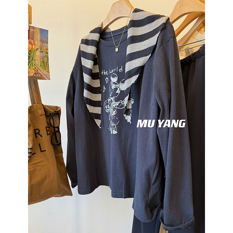 胖mm特大码300斤配披肩吉他米奇印花宽松休闲长袖T恤女春秋款上衣