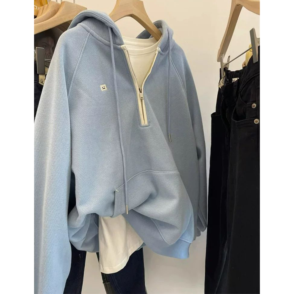 胖mm特大码300斤加绒厚款半拉链连帽卫衣女秋冬温柔风慵懒风外套