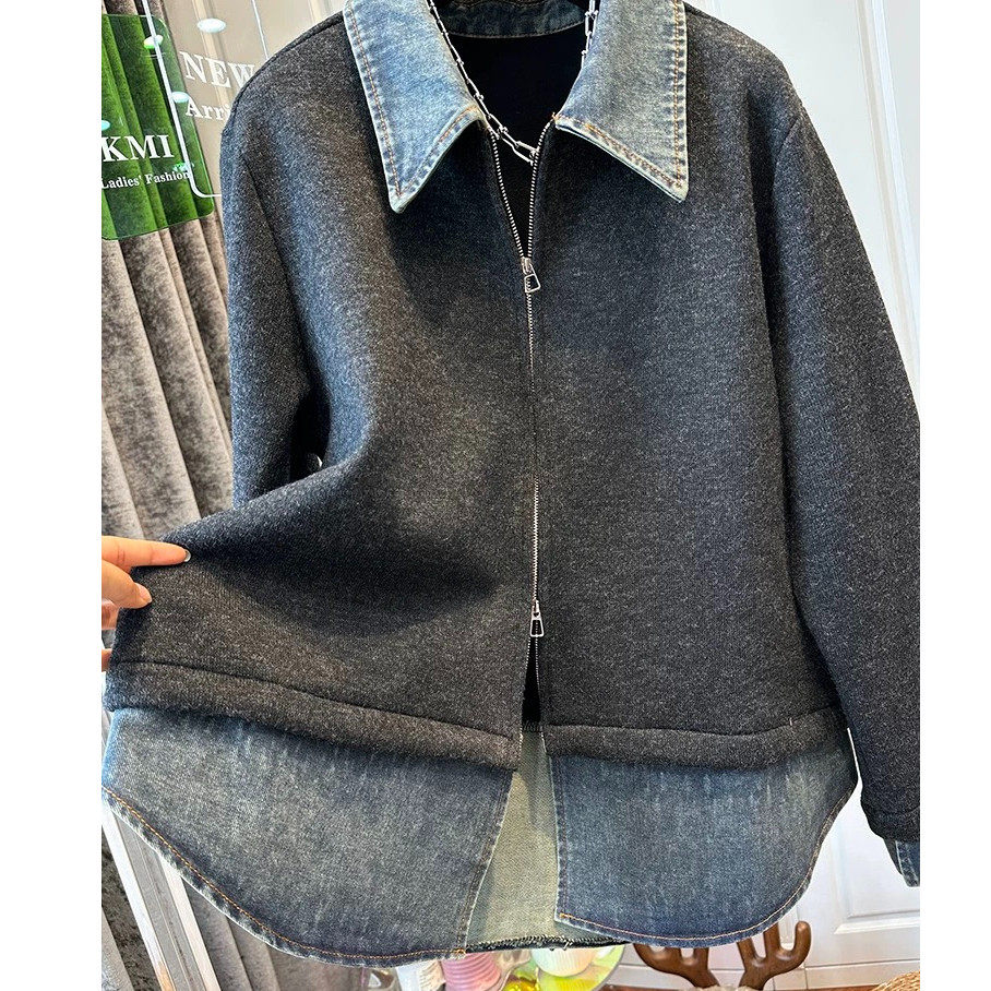 胖mm大码300斤牛仔拼接假两件卫衣外套女秋冬厚款双拉链翻领夹克,女装/女士精品,常规大码外套,淘宝优惠券,粉丝福利购,淘宝优惠卷