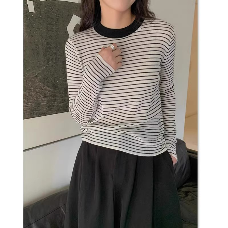 胖mm特大码300斤软糯羊毛条纹针织衫女秋冬撞色领内搭打底衫上衣