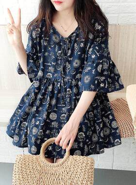 胖mm特大码2-300斤a字款减龄娃娃衫t恤女夏宽松碎花蓬蓬衬衫上衣