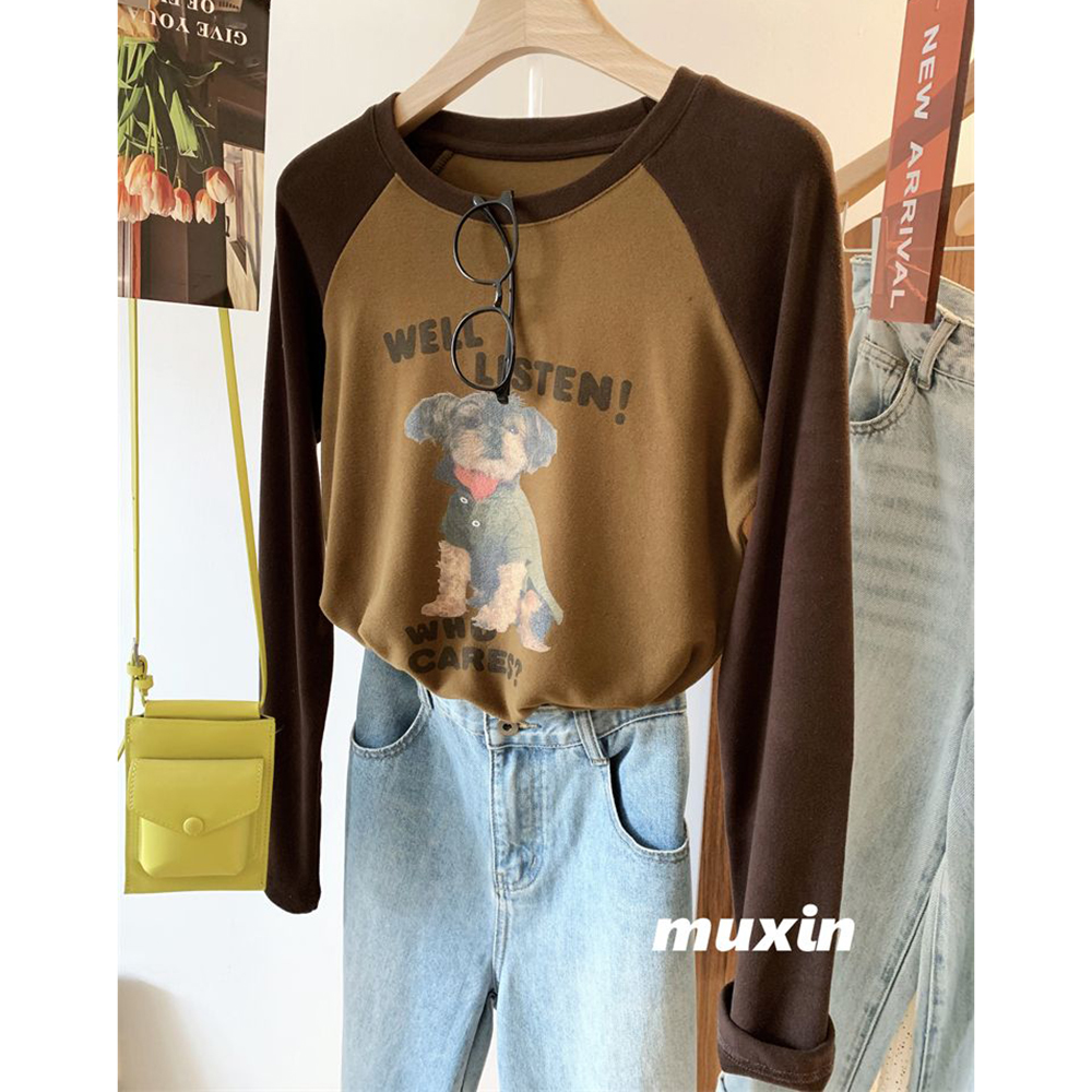 胖mm特大码300斤磨毛德绒插肩袖小狗印花休闲韩版长袖T恤衫女秋冬