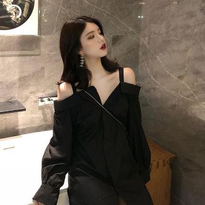 胖mm特大码300斤性感露肩衬衫女春夏宽松一字肩小黑裙显瘦连衣裙