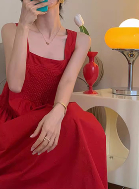 胖mm特大码2-300斤露背喜庆红色吊带连衣裙女夏收腰仙女a字型长裙