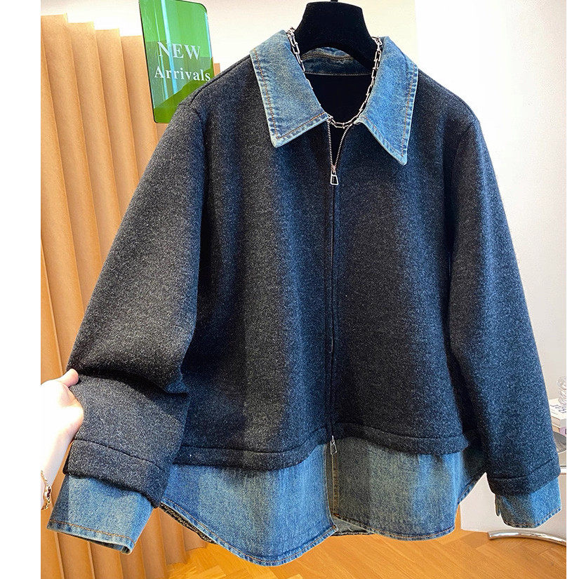 胖mm大码300斤牛仔拼接假两件卫衣外套女秋冬厚款双拉链翻领夹克,女装/女士精品,常规大码外套,淘宝优惠券,粉丝福利购,淘宝优惠卷