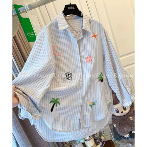 胖mm特大码300斤刺绣竖条纹长袖衬衫女春夏薄款宽松防晒港味衬衣