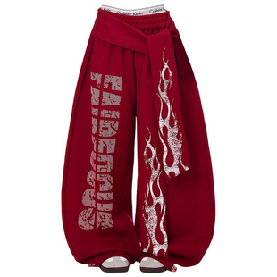 女春秋阔腿爵士舞裤 街头字母火焰飘带卫裤 子 300斤美式 胖mm特大码