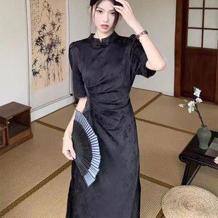 300斤新中式 国风抽褶开叉连衣裙女夏设计感黑色长裙 胖mm特大码