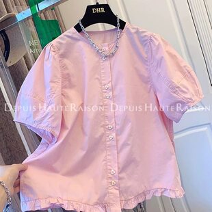 300斤甜美减龄法式 上衣女夏季 小资泡泡袖 衬衫 棉布短袖 胖mm特大码