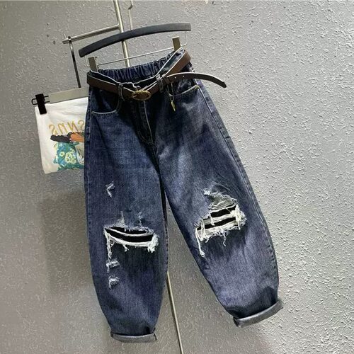 胖mm特大码300斤港味破洞深蓝色老爹牛仔萝卜裤女春秋小脚哈伦裤