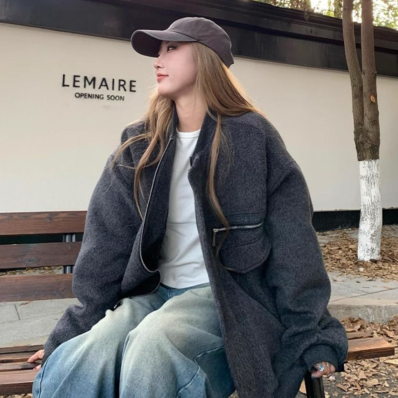 胖mm特大码300斤美式复古毛呢棒球服外套女秋冬加厚宽松开衫夹克