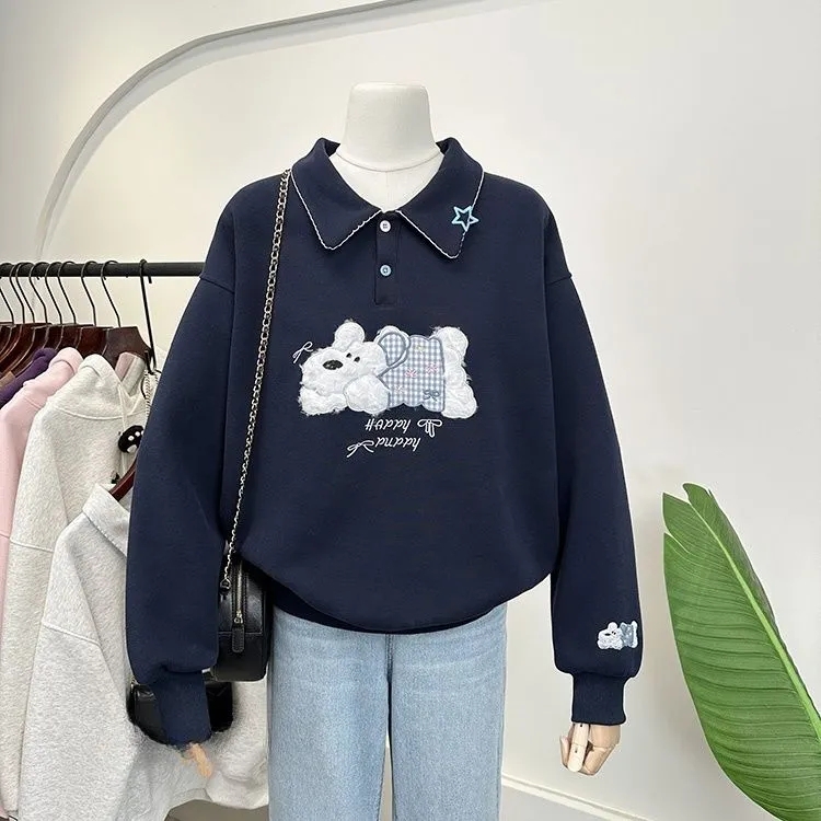 胖mm特大码300斤卡通小狗刺绣卫衣女秋冬季宽松加绒厚款翻领上衣