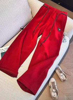 胖mm大码300斤小马刺绣加绒保暖卫裤女秋冬本命年红色休闲阔腿裤