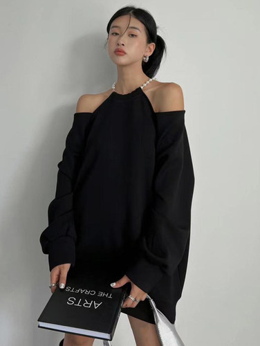 胖mm特大码300斤珍珠链条露肩长袖卫衣女春夏中长款宽松休闲上衣