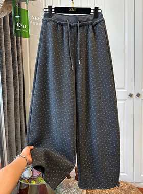 胖mm特大码250斤抽绳松紧腰满印休闲裤女秋冬加绒厚款保暖弯刀裤