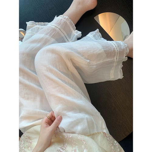 胖mm特大码300斤镂空木耳边休闲直筒裤女夏季慵懒简约显瘦阔腿裤