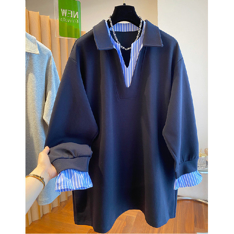 胖mm特大码300斤条纹拼接假两件卫衣女春秋宽松百搭中长款卫衣裙,女装/女士精品,大码内搭,淘宝优惠券,粉丝福利购,淘宝优惠卷