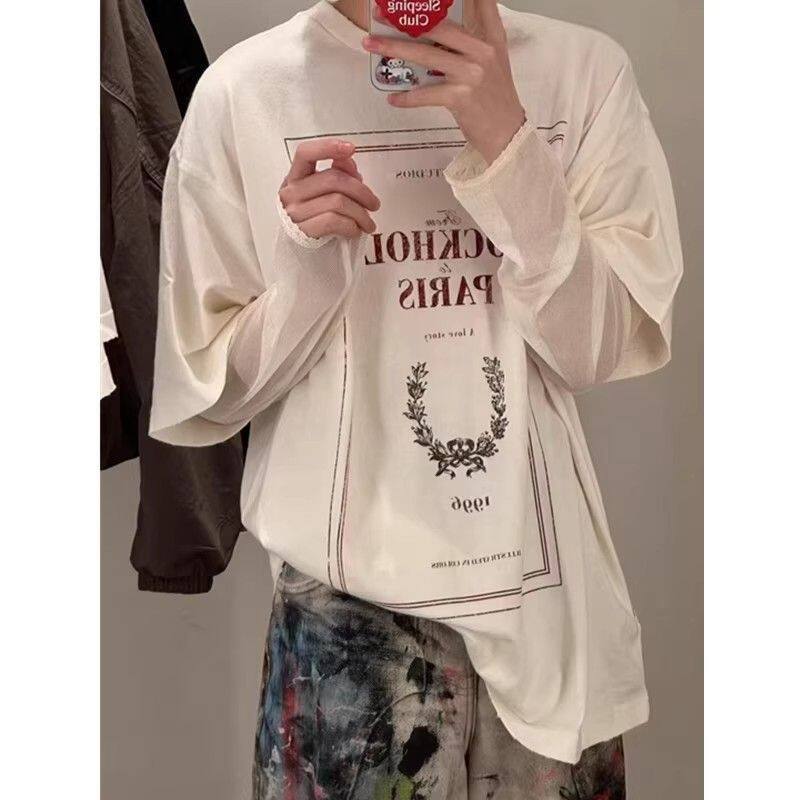 胖mm特大码300斤复古字母印花长袖T恤女春秋款网纱拼接假两件上衣