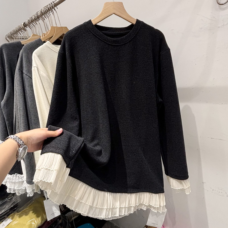 胖mm特大码300斤百褶蕾丝边磨毛德绒长袖T恤女秋冬内搭保暖打底衫